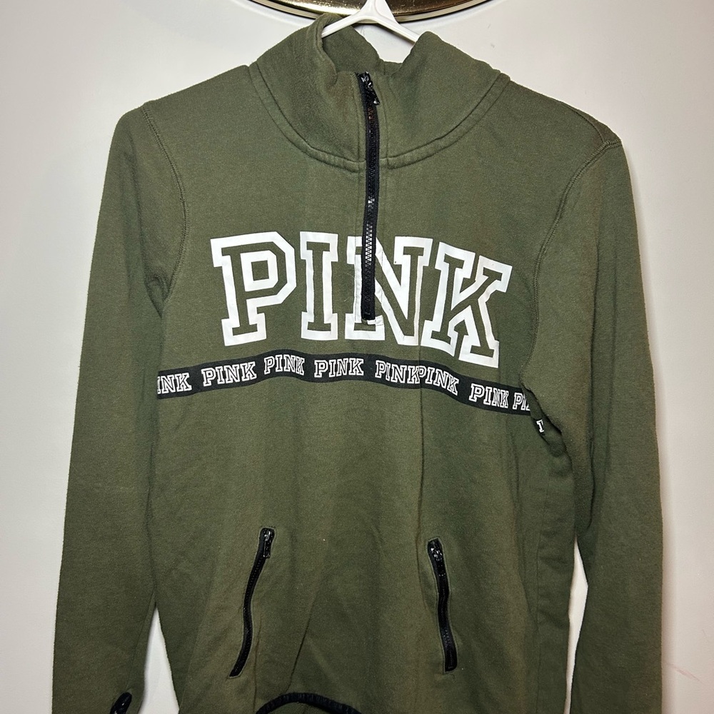 PINK Victoria's Secret Olive Green Zip Pullover - Picture 2 of 6